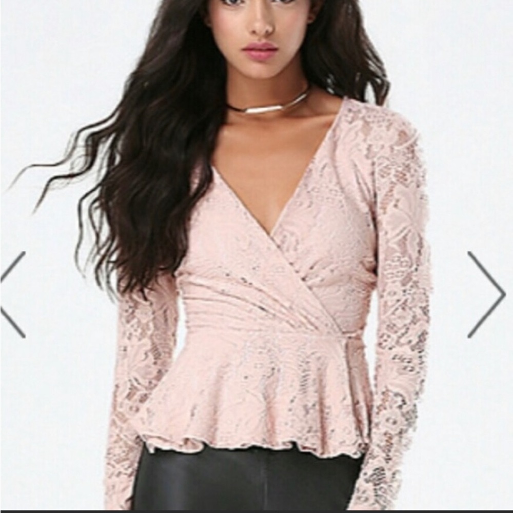 BEBE Peplum Long Sleeve Lace Top